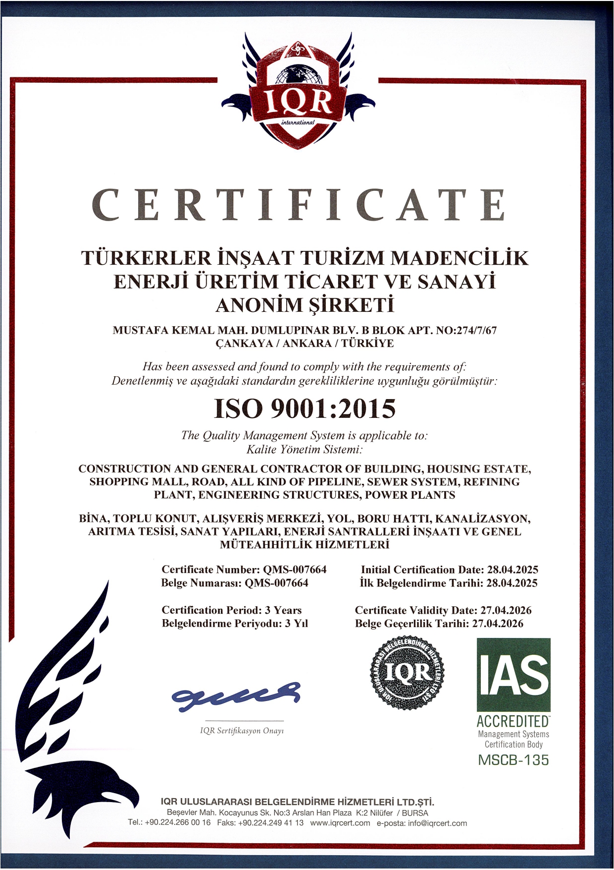 Türkerler Quality Certificate - ISO 9001:2015