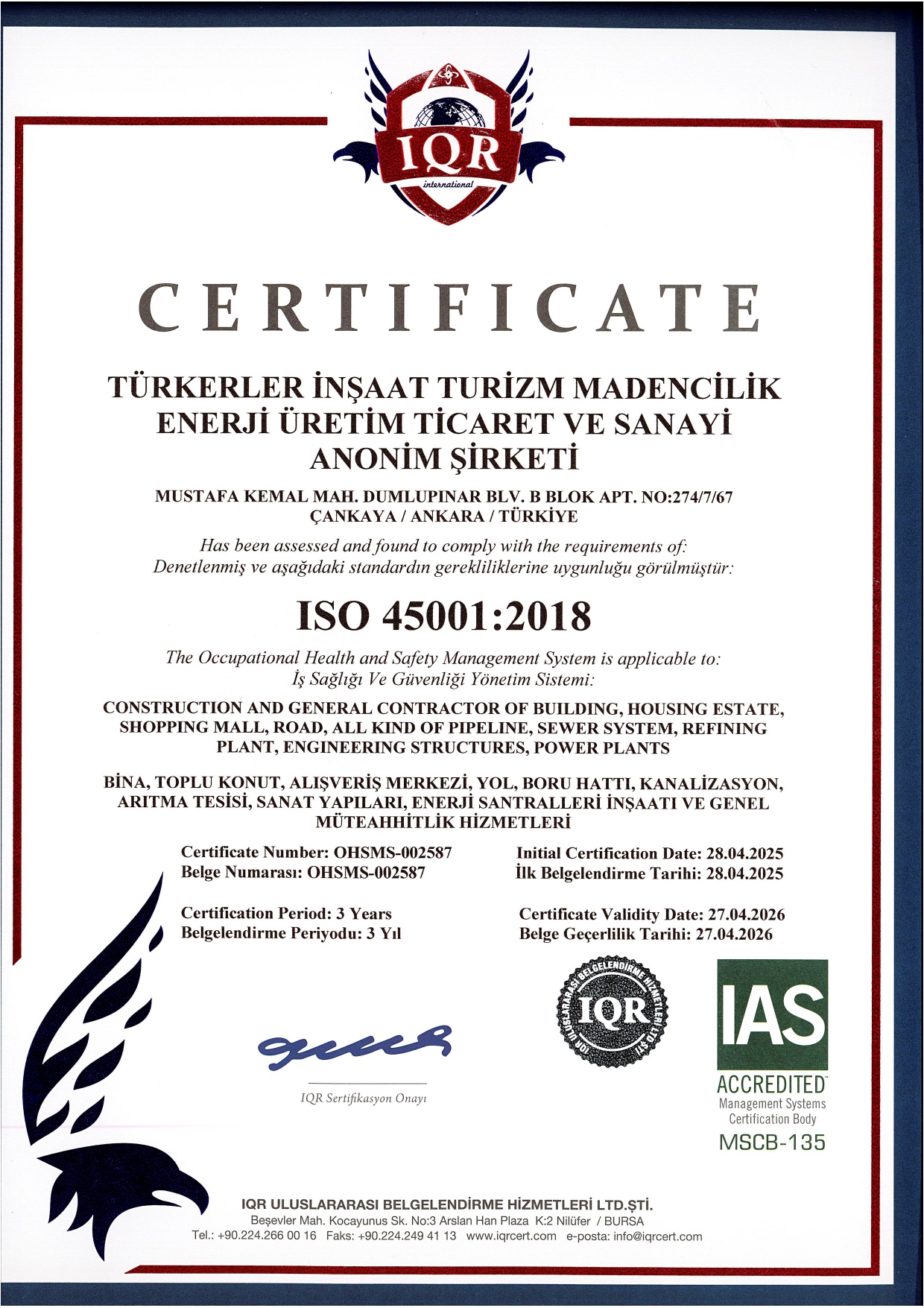 Türkerler Quality Certificate - ISO 45001:2018